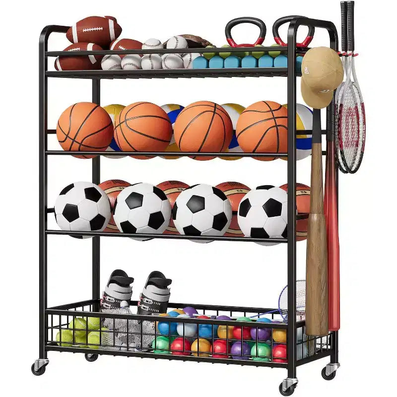 4-Layer Rolling Basketball Rack with Hooks - Large Capacity Sports Equipment Organizer for Garage