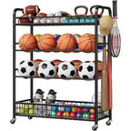 4-Layer Rolling Basketball Rack with Hooks - Large Capacity Sports Equipment Organizer for Garage