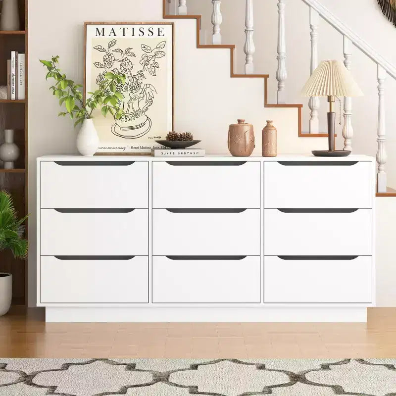 JVNOXK 62-inch modern tall nine-drawer cabinet, Floor-standing large wooden wardrobe and drawer unit, Suitable for living rooms, White