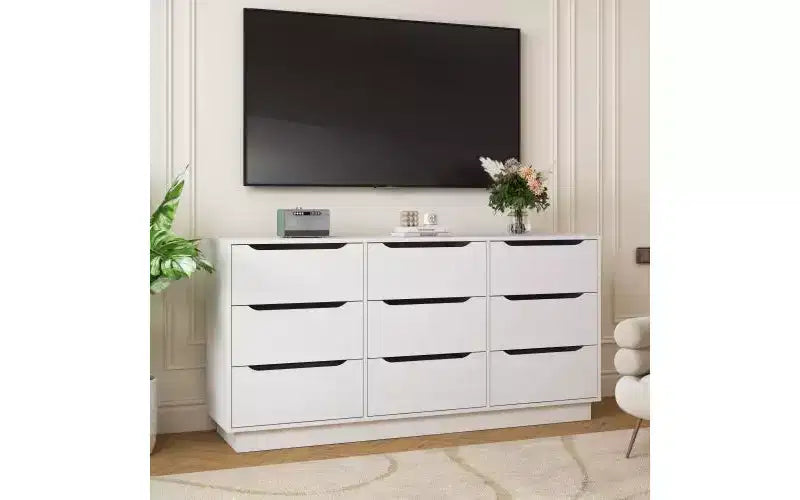 Armoire de rangement haute blanche à 9 tiroirs, sur pied