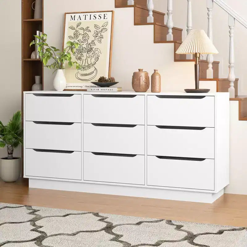 Armoire de rangement haute blanche à 9 tiroirs, sur pied