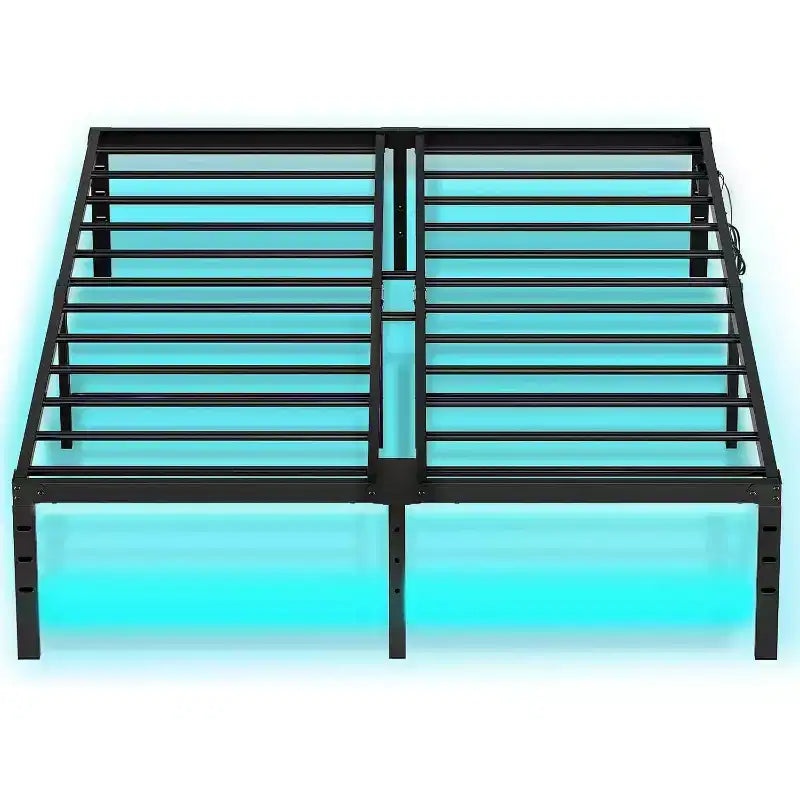 ACOINEL Bed Frame with LED Lights, Heavy Duty Metal Platform Bed with Charging Station (2 Outlets & 2 USB Ports),Black