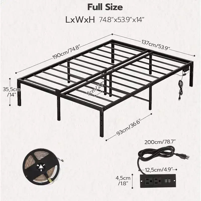 Lit plateforme en métal noir avec lumières LED et station de charge – Lit double/grand lit