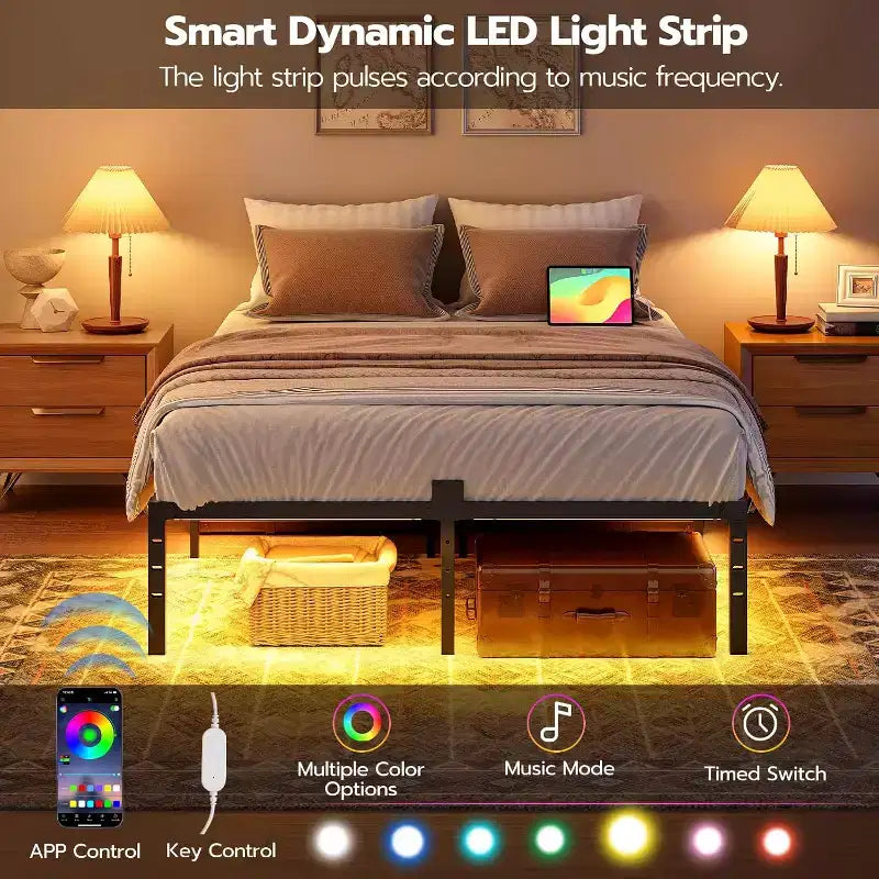 Lit plateforme en métal noir avec lumières LED et station de charge – Lit double/grand lit
