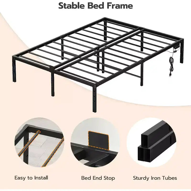 Lit plateforme en métal noir avec lumières LED et station de charge – Lit double/grand lit