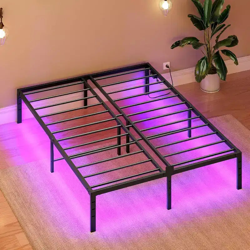 Lit plateforme en métal noir avec lumières LED et station de charge – Lit double/grand lit