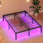 Lit plateforme en métal noir avec lumières LED et station de charge – Lit double/grand lit