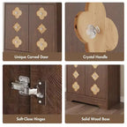 Meuble de rangement autoportant beige/marron/blanc, garde-manger 4 portes en bois avec plan de travail, porte sculptée et poignée en cristal