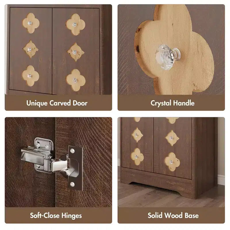 Meuble de rangement autoportant beige/marron/blanc, garde-manger 4 portes en bois avec plan de travail, porte sculptée et poignée en cristal