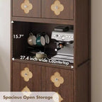 Meuble de rangement autoportant beige/marron/blanc, garde-manger 4 portes en bois avec plan de travail, porte sculptée et poignée en cristal