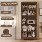 Meuble de rangement autoportant beige/marron/blanc, garde-manger 4 portes en bois avec plan de travail, porte sculptée et poignée en cristal