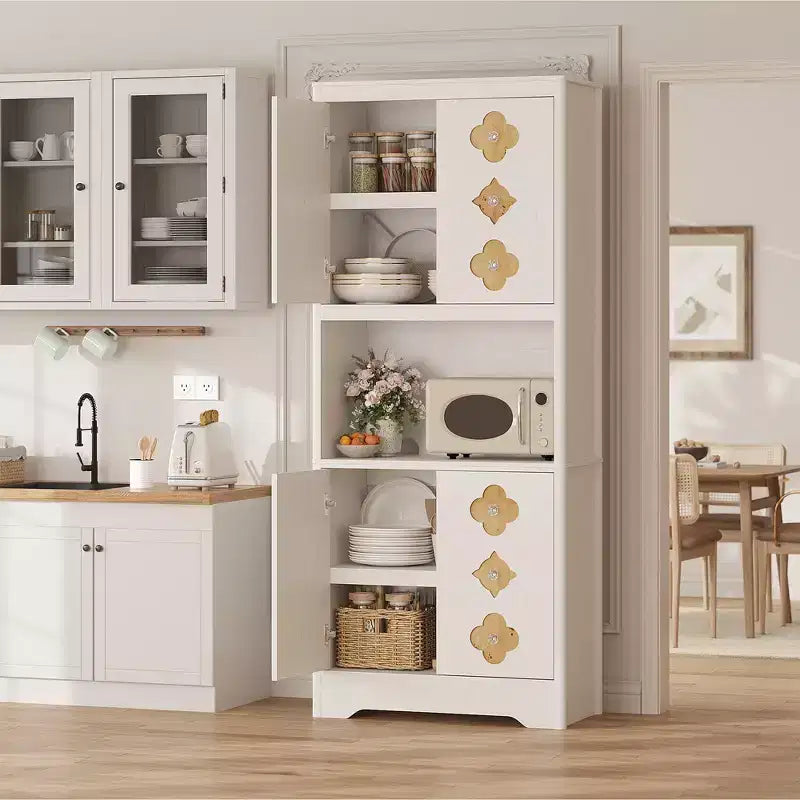 Meuble de rangement autoportant beige/marron/blanc, garde-manger 4 portes en bois avec plan de travail, porte sculptée et poignée en cristal