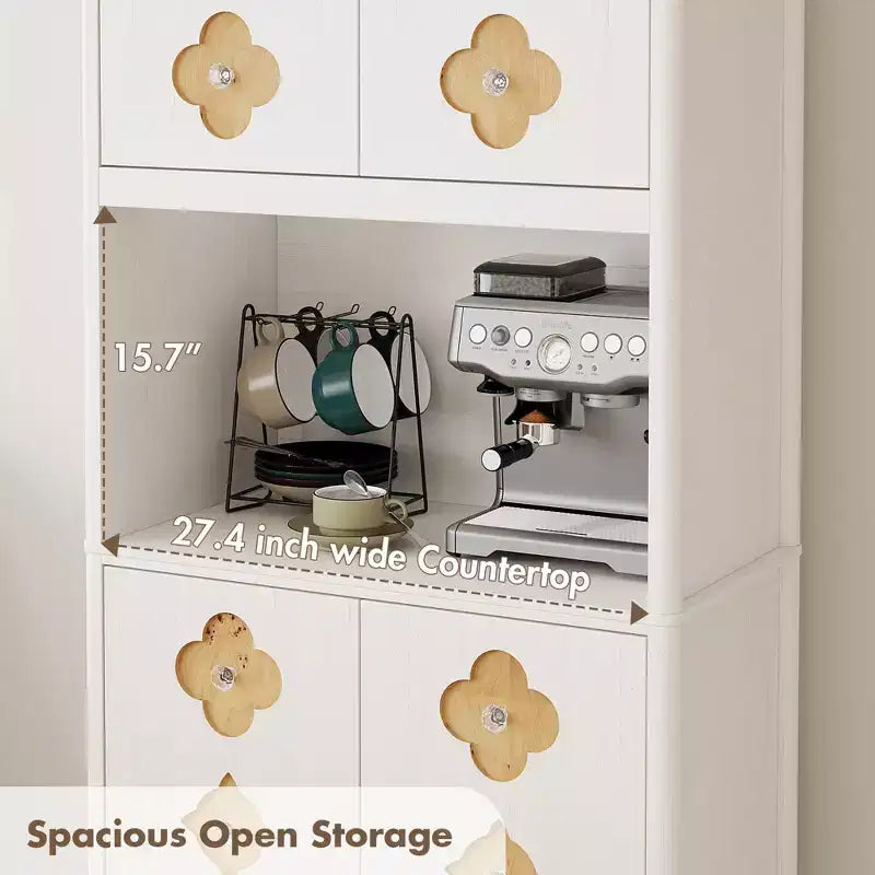 Meuble de rangement autoportant beige/marron/blanc, garde-manger 4 portes en bois avec plan de travail, porte sculptée et poignée en cristal