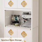 Meuble de rangement autoportant beige/marron/blanc, garde-manger 4 portes en bois avec plan de travail, porte sculptée et poignée en cristal