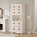 Meuble de rangement autoportant beige/marron/blanc, garde-manger 4 portes en bois avec plan de travail, porte sculptée et poignée en cristal