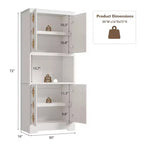 Meuble de rangement autoportant beige/marron/blanc, garde-manger 4 portes en bois avec plan de travail, porte sculptée et poignée en cristal