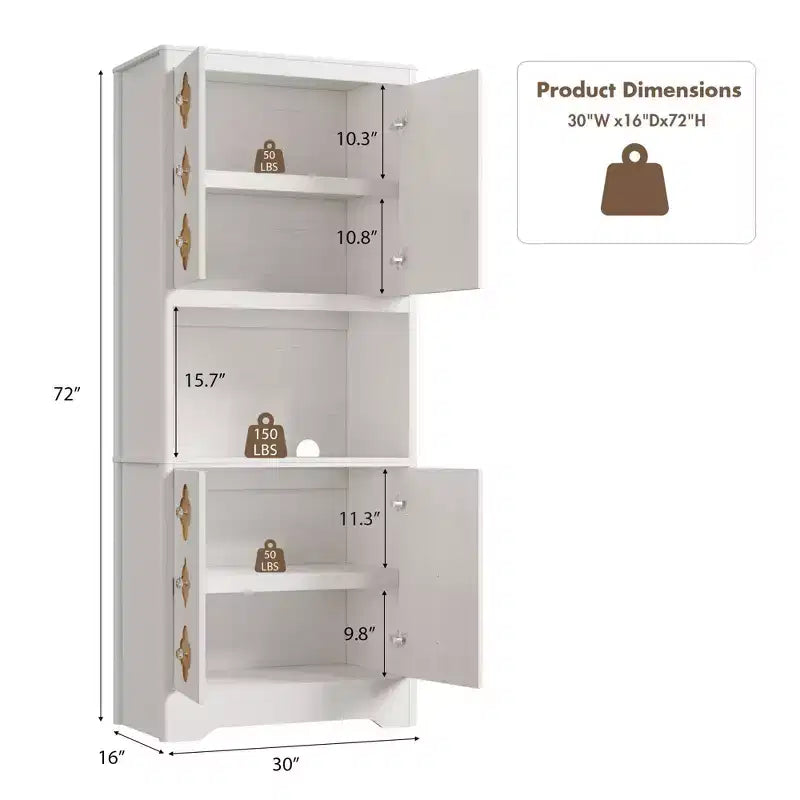 Meuble de rangement autoportant beige/marron/blanc, garde-manger 4 portes en bois avec plan de travail, porte sculptée et poignée en cristal