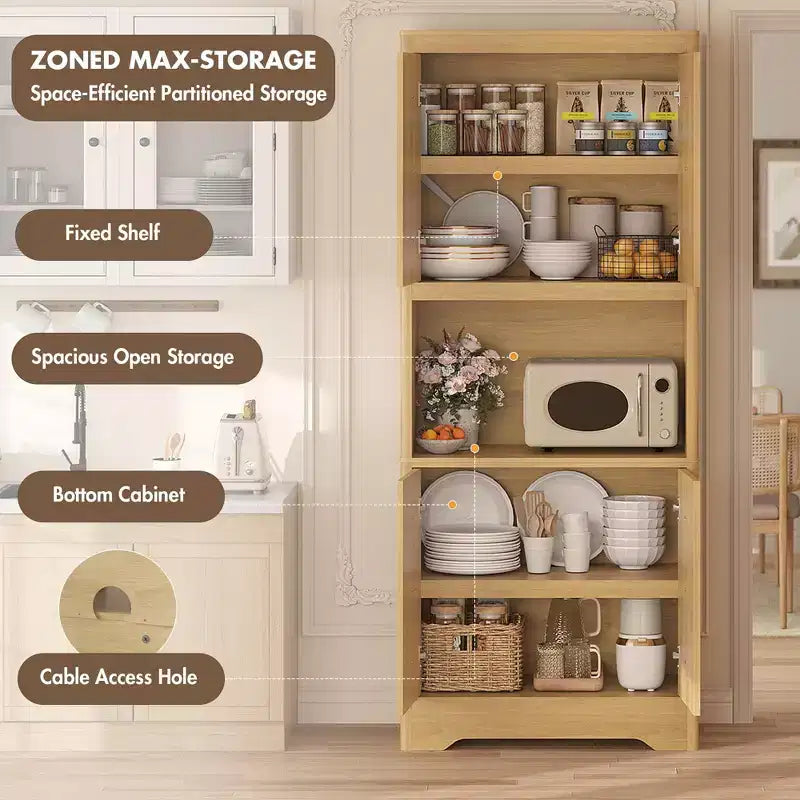 Meuble de rangement autoportant beige/marron/blanc, garde-manger 4 portes en bois avec plan de travail, porte sculptée et poignée en cristal