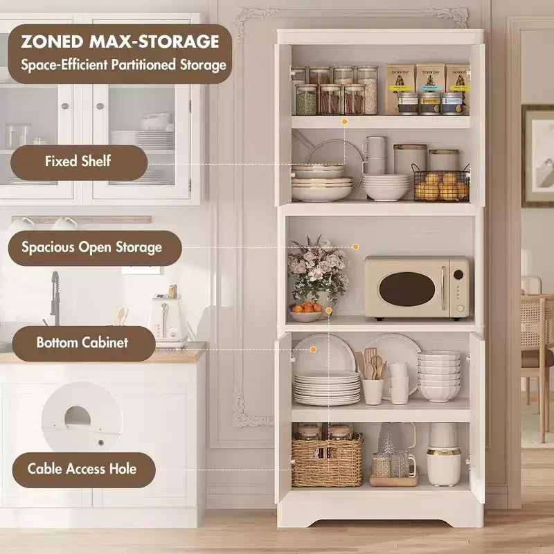 Meuble de rangement autoportant beige/marron/blanc, garde-manger 4 portes en bois avec plan de travail, porte sculptée et poignée en cristal