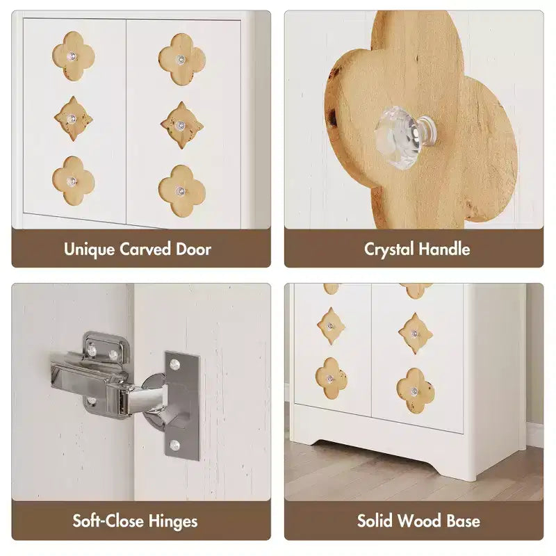 Meuble de rangement autoportant beige/marron/blanc, garde-manger 4 portes en bois avec plan de travail, porte sculptée et poignée en cristal