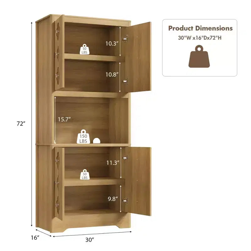 Meuble de rangement autoportant beige/marron/blanc, garde-manger 4 portes en bois avec plan de travail, porte sculptée et poignée en cristal