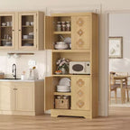 Meuble de rangement autoportant beige/marron/blanc, garde-manger 4 portes en bois avec plan de travail, porte sculptée et poignée en cristal