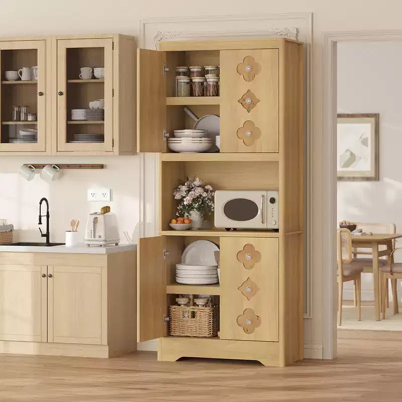 Meuble de rangement autoportant beige/marron/blanc, garde-manger 4 portes en bois avec plan de travail, porte sculptée et poignée en cristal