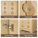 Meuble de rangement autoportant beige/marron/blanc, garde-manger 4 portes en bois avec plan de travail, porte sculptée et poignée en cristal