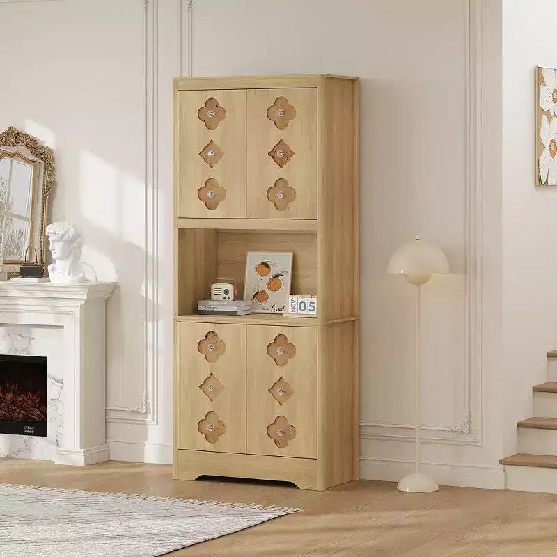Meuble de rangement autoportant beige/marron/blanc, garde-manger 4 portes en bois avec plan de travail, porte sculptée et poignée en cristal