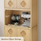 Meuble de rangement autoportant beige/marron/blanc, garde-manger 4 portes en bois avec plan de travail, porte sculptée et poignée en cristal