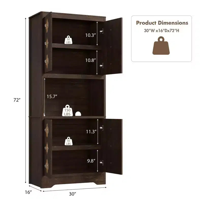 Meuble de rangement autoportant beige/marron/blanc, garde-manger 4 portes en bois avec plan de travail, porte sculptée et poignée en cristal