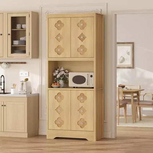 72 Tall Kitchen Pantry Cabinet, Freestanding Wooden Hutch with Countertop, Carved Door & Crystal Handle, Perfect for Dining Room & Living Room