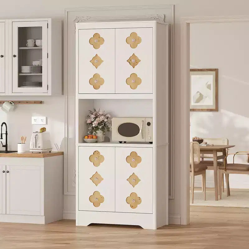 Meuble de rangement autoportant beige/marron/blanc, garde-manger 4 portes en bois avec plan de travail, porte sculptée et poignée en cristal
