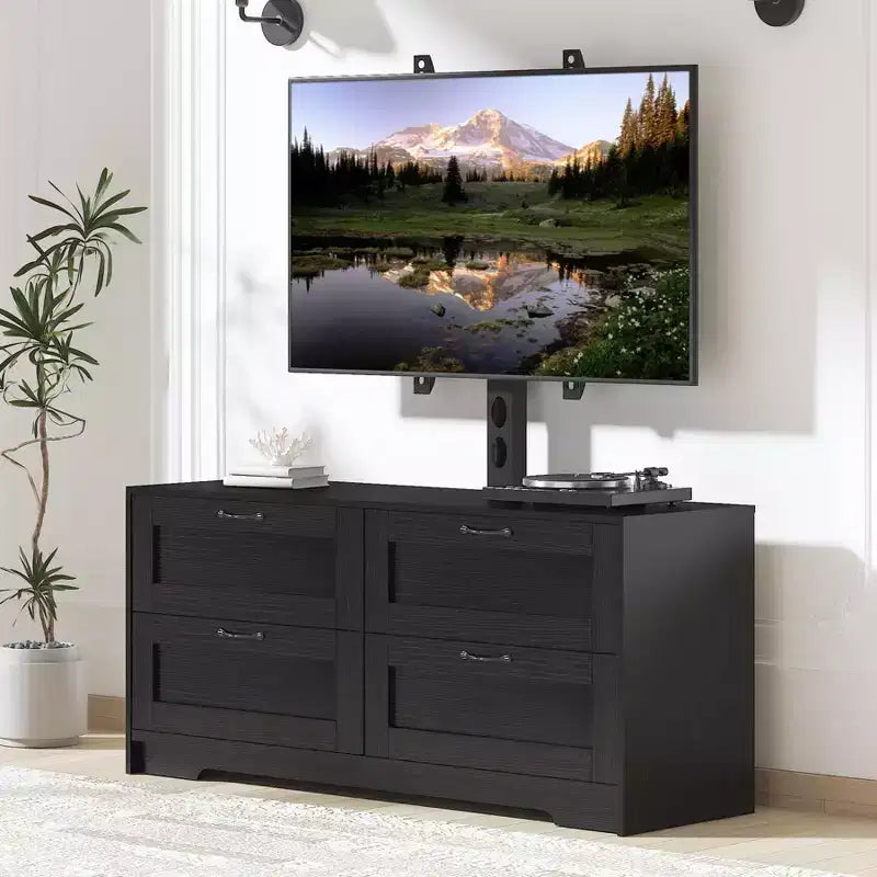 Meuble TV noir et blanc avec support réglable, 4 tiroirs, convient aux téléviseurs de 32" à 80", pour 1