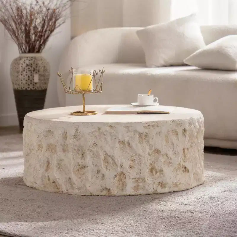 Round MgO Coffee Table with Faux Stone Design for Mid-Century Living Rooms