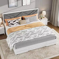 White upholstered bed frame, tufted headboard, wooden slat support, no spring mattress required, stable and quiet, easy to assemble.