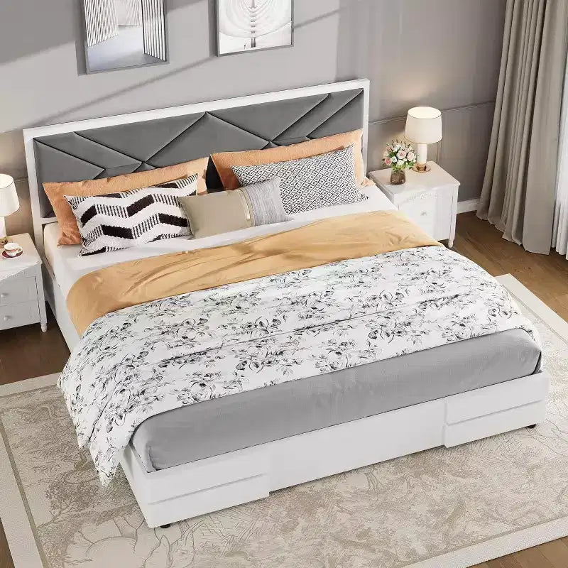 White upholstered bed frame, tufted headboard, wooden slat support, no spring mattress required, stable and quiet, easy to assemble.