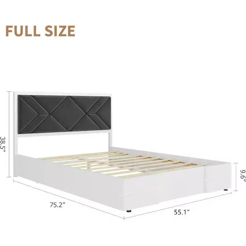Lit plateforme blanc pleine grandeur avec tête de lit capitonnée, pour 1-2 personnes
