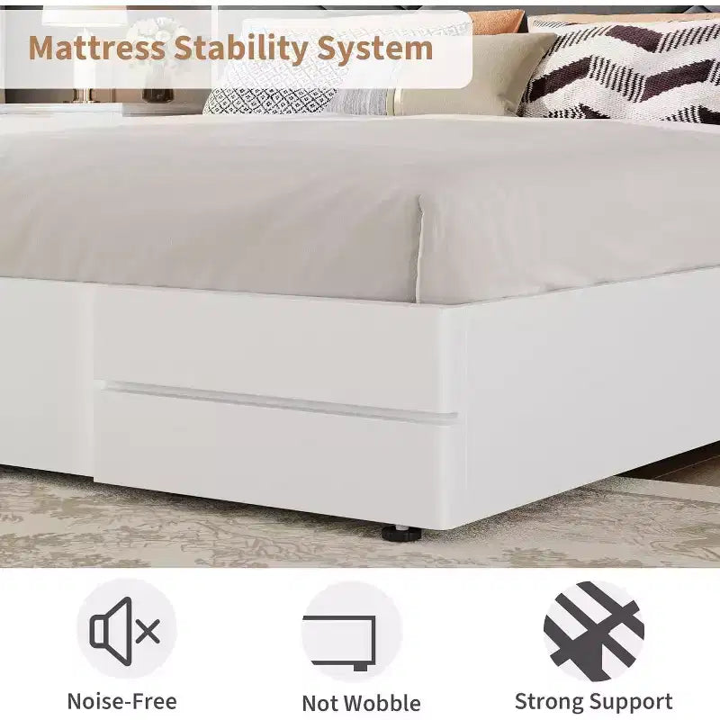 Lit plateforme blanc pleine grandeur avec tête de lit capitonnée, pour 1-2 personnes