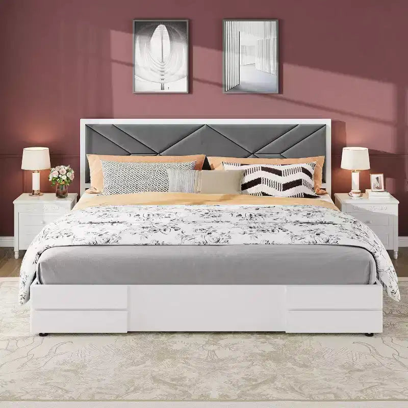 Lit plateforme blanc pleine grandeur avec tête de lit capitonnée, pour 1-2 personnes