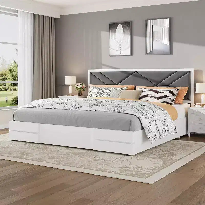 Lit plateforme blanc pleine grandeur avec tête de lit capitonnée, pour 1-2 personnes