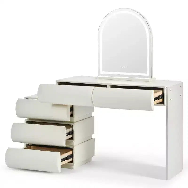 Coiffeuse effet marbre beige avec miroir et tabouret, ensemble 2 pièces