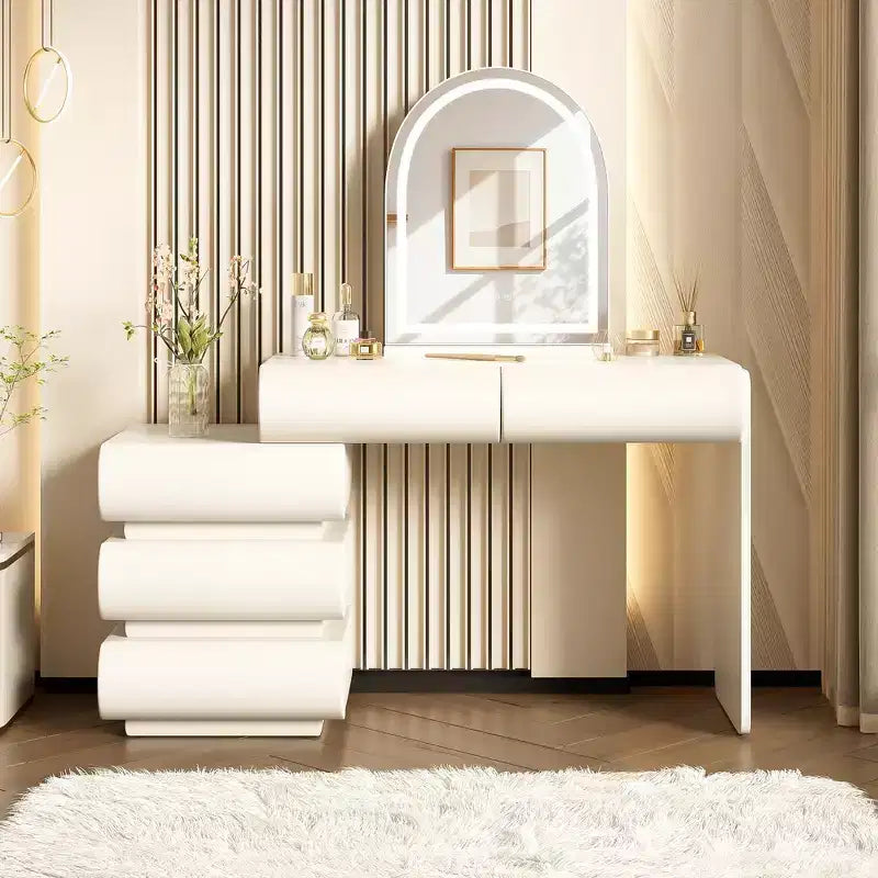 Coiffeuse effet marbre beige avec miroir et tabouret, ensemble 2 pièces
