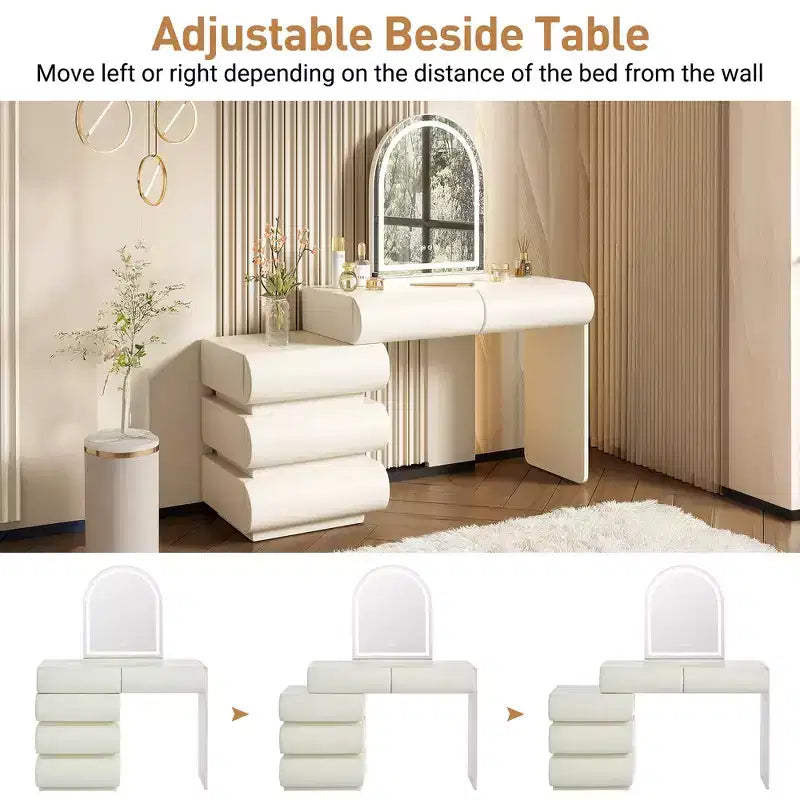 Coiffeuse effet marbre beige avec miroir et tabouret, ensemble 2 pièces