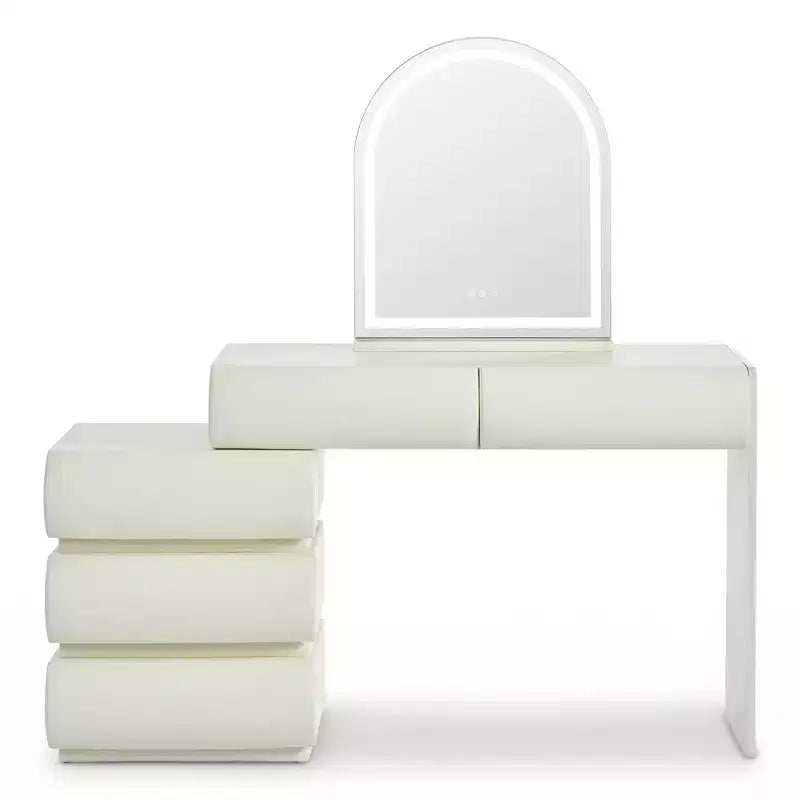 Coiffeuse effet marbre beige avec miroir et tabouret, ensemble 2 pièces