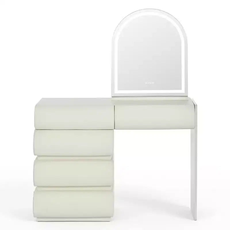 Coiffeuse effet marbre beige avec miroir et tabouret, ensemble 2 pièces