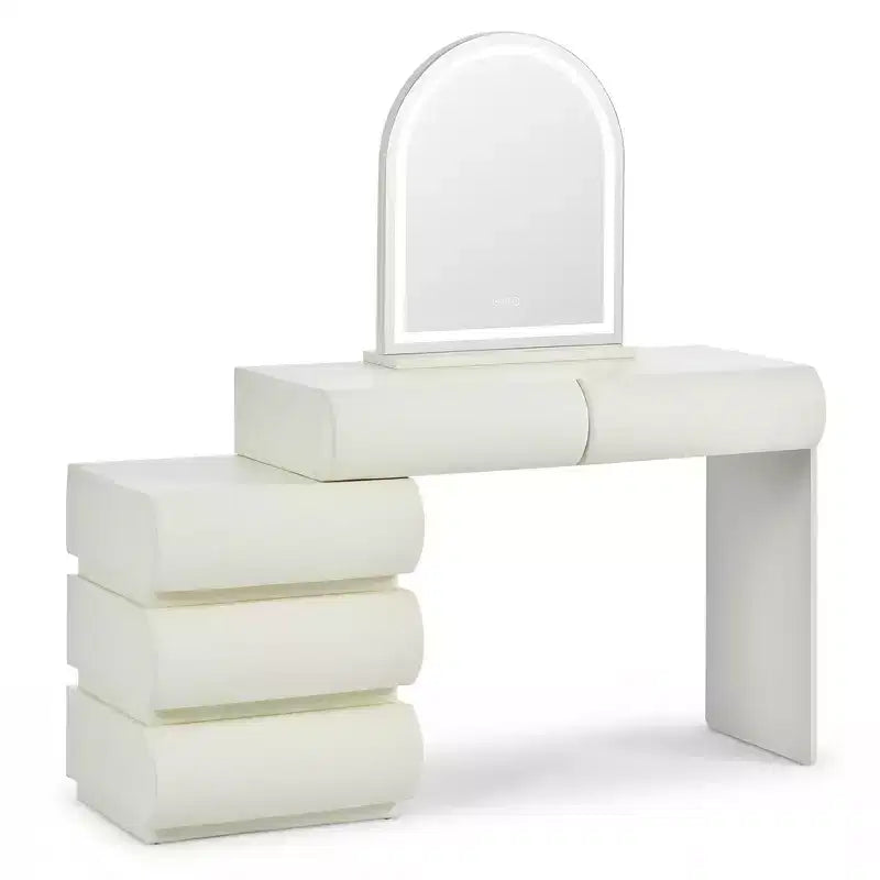 Coiffeuse effet marbre beige avec miroir et tabouret, ensemble 2 pièces