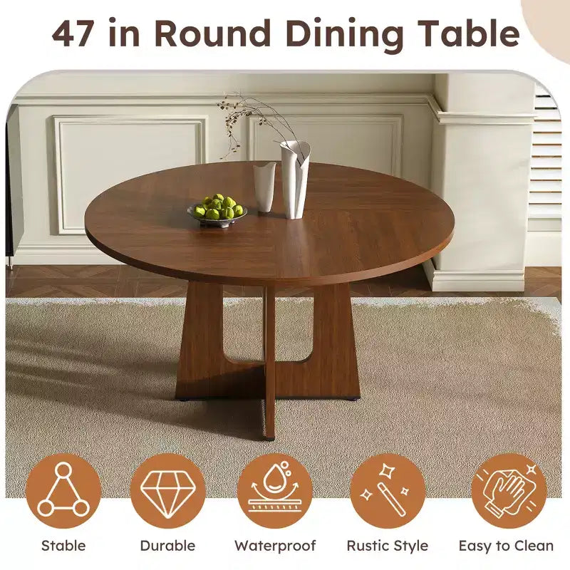 Table à manger ronde marron, peut accueillir jusqu'à 6 personnes