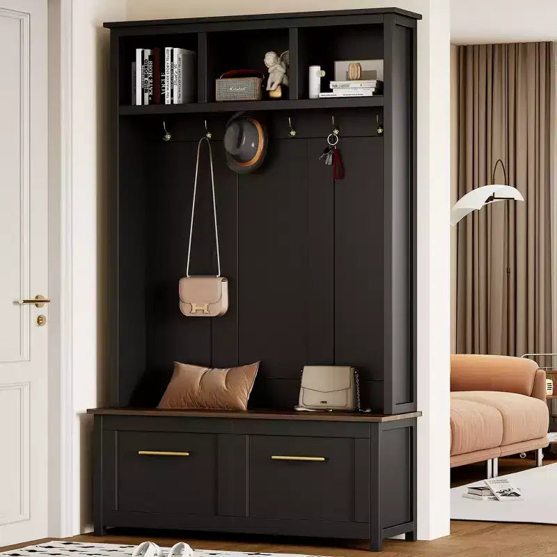 GDFStudio Jocelyn 4-in-1 Hall Tree with 6 Hooks and Storage Bench