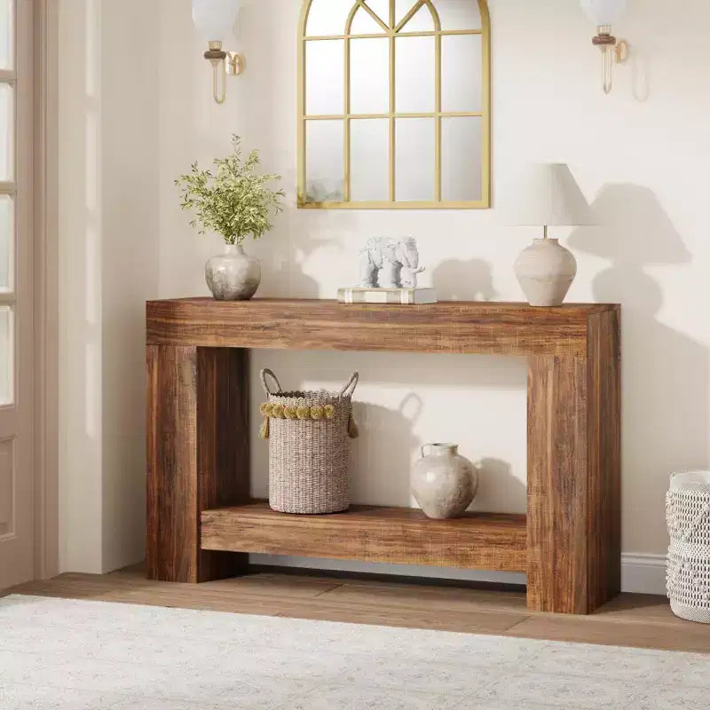 Console à 2 niveaux de 47 po avec étagère de rangement, style rustique